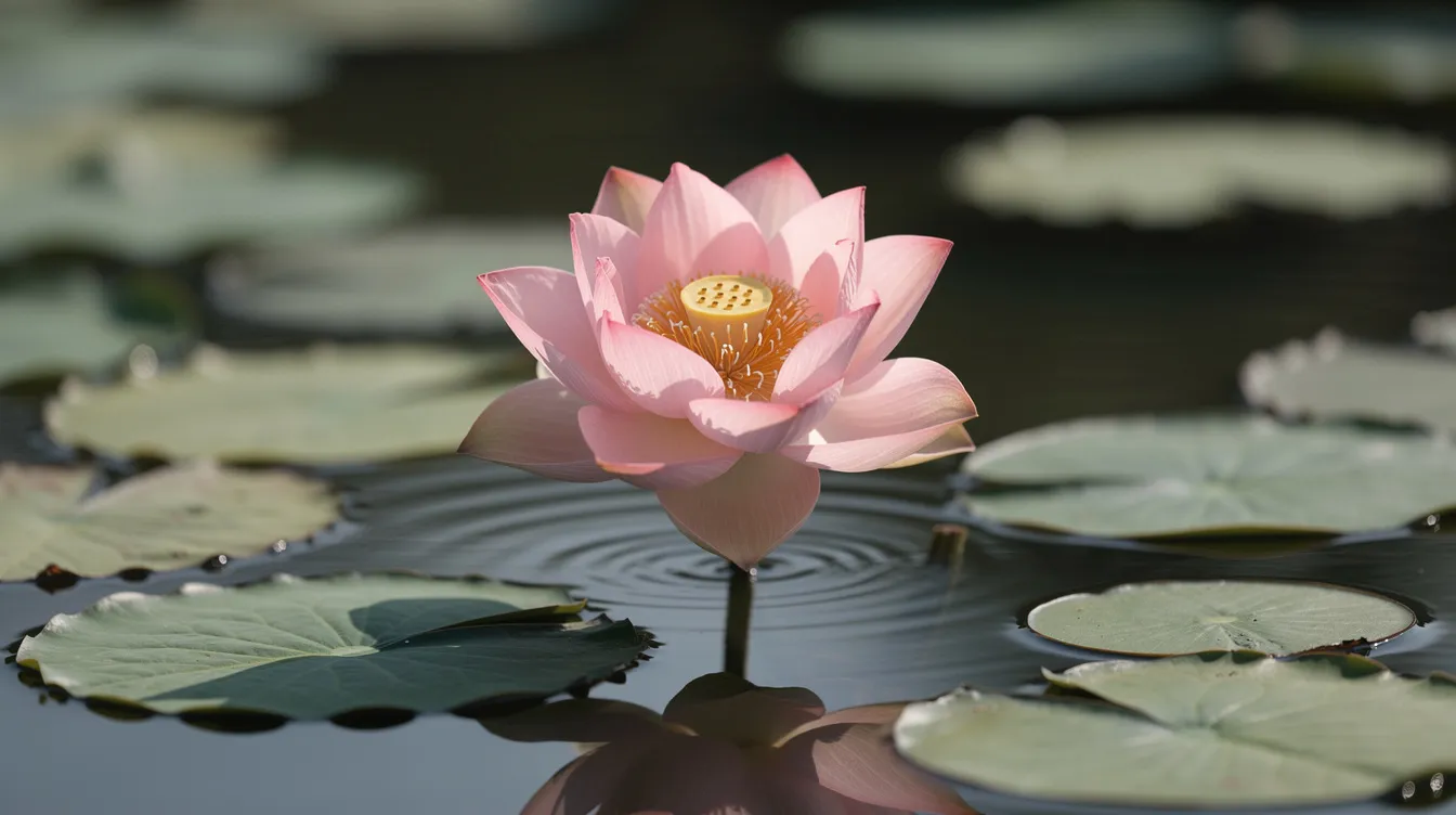 The image depicts a single pink lotus flower gracefully blooming above still water, surrounded by lush green lily pads. This sacred flower symbolizes personal growth and new beginnings, embodying beauty and resilience in a tranquil setting.