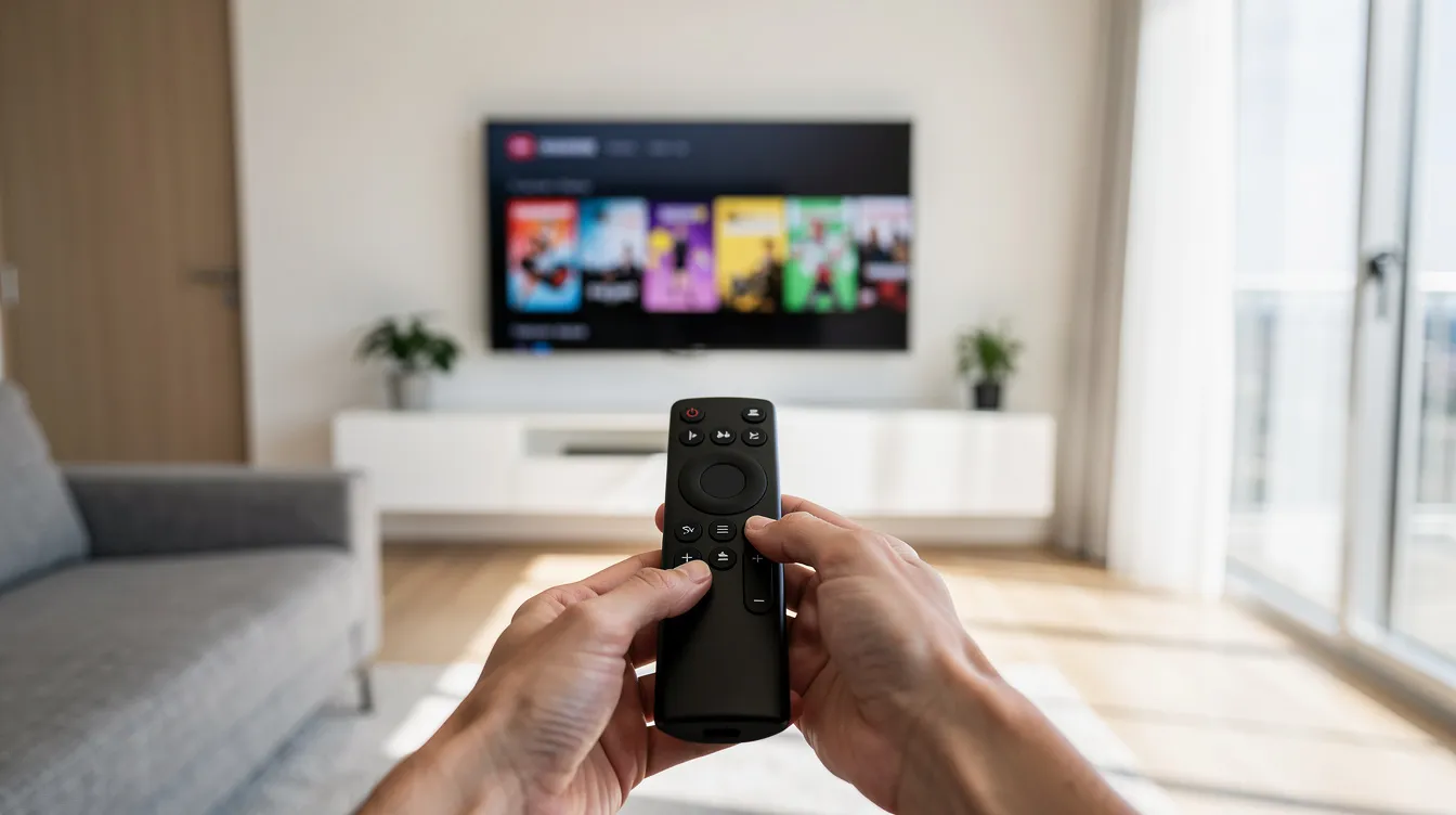 A person's hands are holding a streaming remote control, aimed at a wall-mounted television in a bright, modern apartment. The scene suggests a comfortable setting for enjoying IPTV Canada services, with a focus on streaming live TV channels and accessing various entertainment options.
