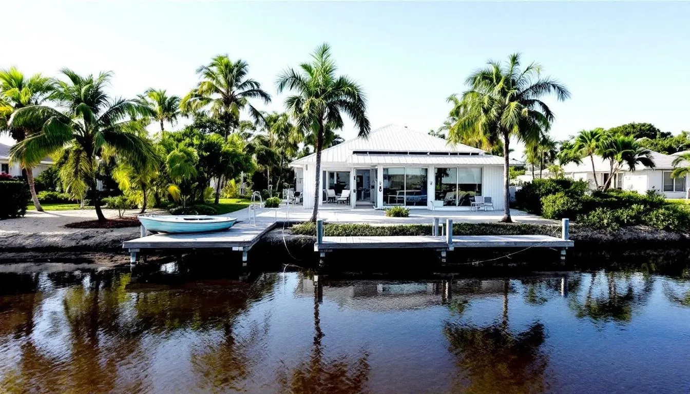 The image depicts a waterfront home in Fort Myers Shores, featuring a private dock that provides direct access to the Caloosahatchee River. This property is ideal for prospective buyers interested in waterfront living and real estate opportunities in Fort Myers, FL.