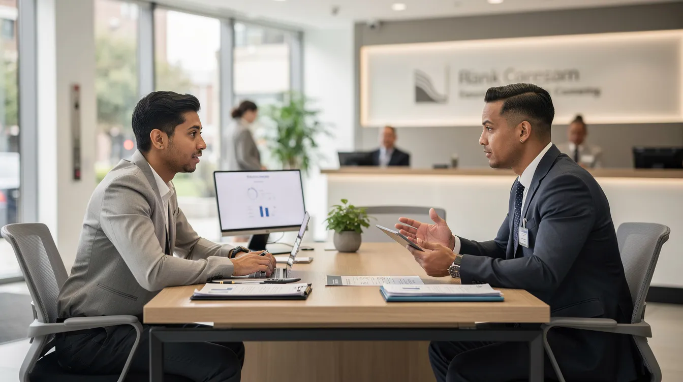 af26443b 43d0 4f37 aa96 dd3b2c96e672 A small business owner is seated across a desk from a bank officer in a bank branch, engaging in a professional conversation about the potential for a business loan. The discussion likely revolves around the business owner's financial needs, including loan amounts, repayment capacity, and the necessary documentation for a mudra loan application.