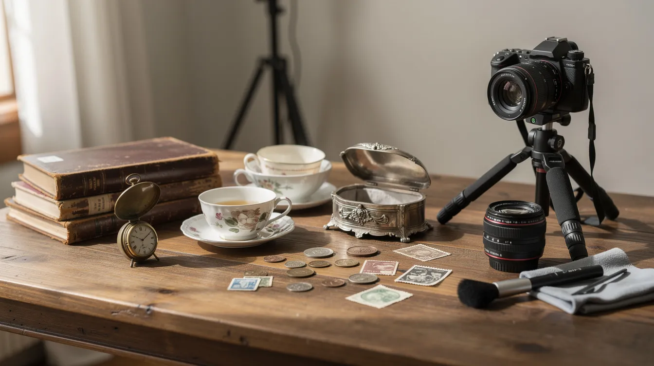 The image features a table adorned with an assortment of vintage collectibles and antique items, alongside camera equipment set up for online selling. This arrangement highlights the potential for retirees to pursue new interests and generate extra money through post-retirement work.