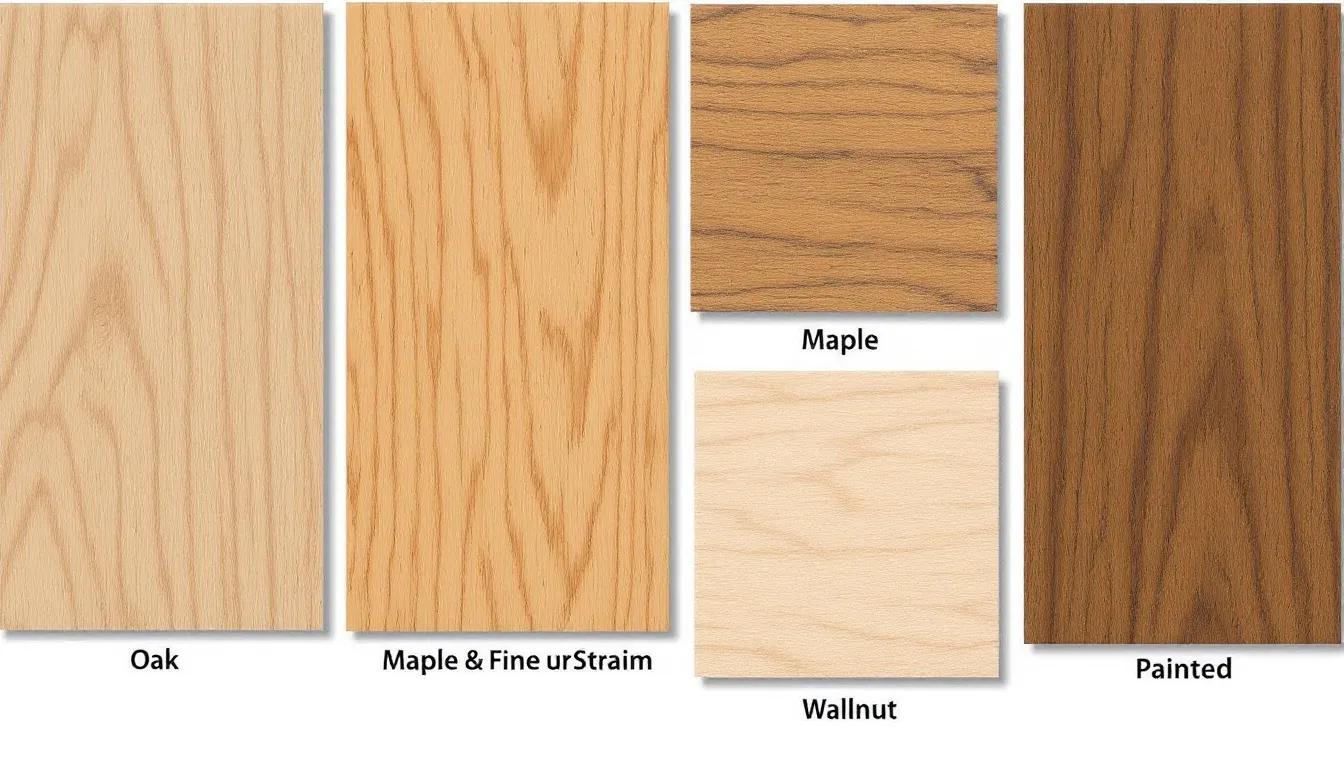The image features a comparison of various wood species and MDF samples, showcasing their unique grain patterns and finish options. This display highlights the versatility and style of materials used in cabinetry, appealing to homeowners seeking stylish and functional solutions for modern kitchen design.