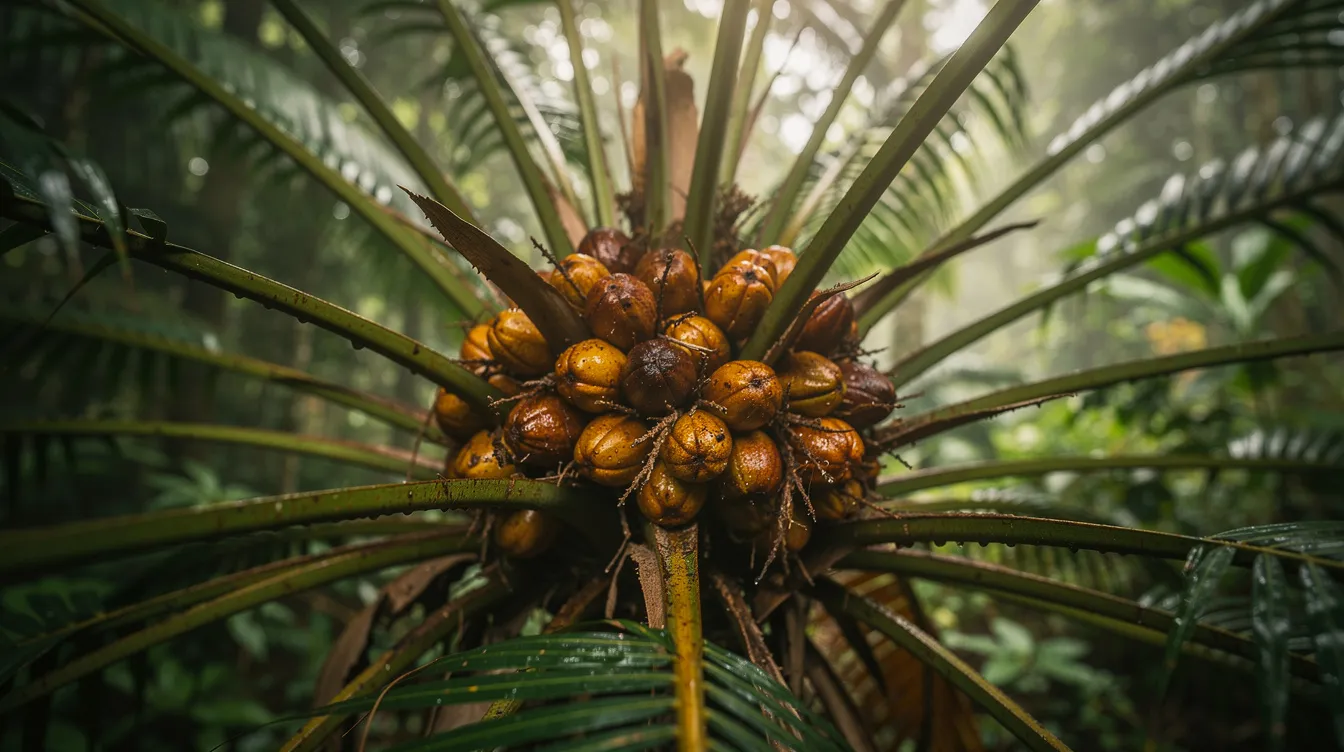 The image features a close-up view of tropical palm tree nuts surrounded by lush green fronds in a vibrant rainforest setting. This natural scene highlights the rich biodiversity, reminiscent of the authentic batana oil derived from American palm trees, known for its benefits in promoting hair health and nourishing the scalp.