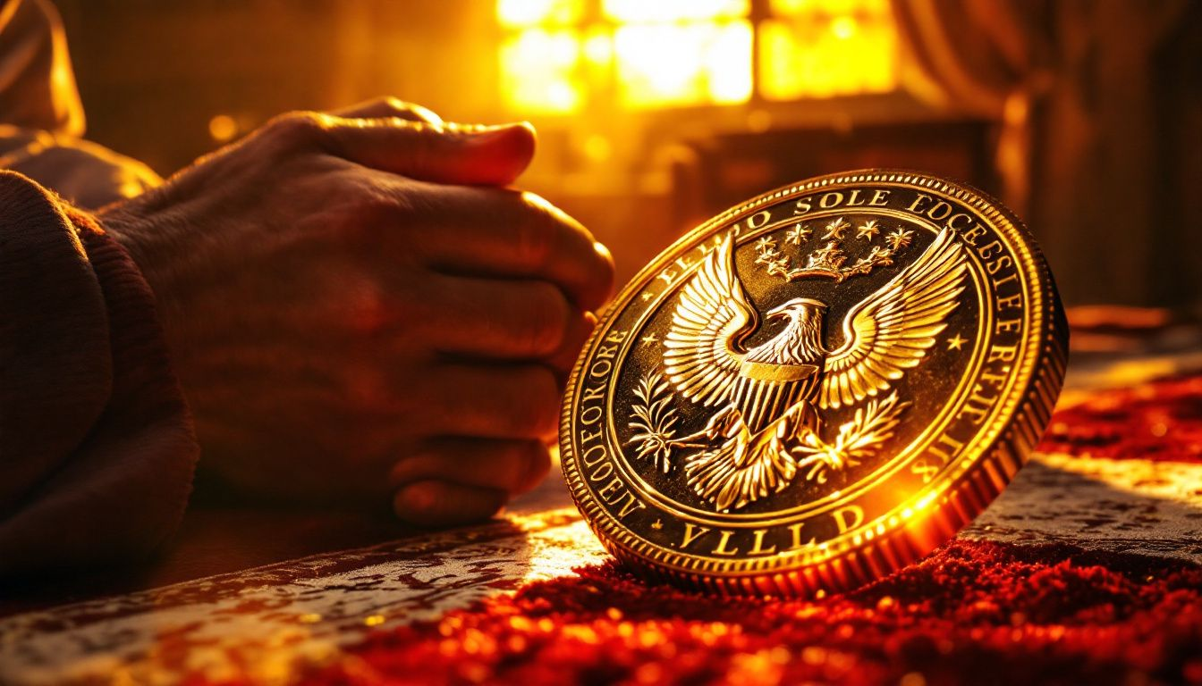 A person examining a gold coin under natural light.