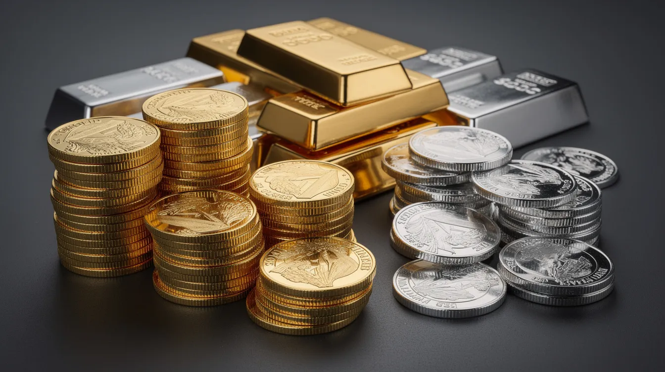 The image features an arrangement of gold and silver bullion coins and bars on a dark surface, showcasing the allure of physical precious metals as a tangible asset for retirement savings. This visually striking display highlights the importance of gold and silver in the precious metals market and their role in diversifying retirement portfolios.