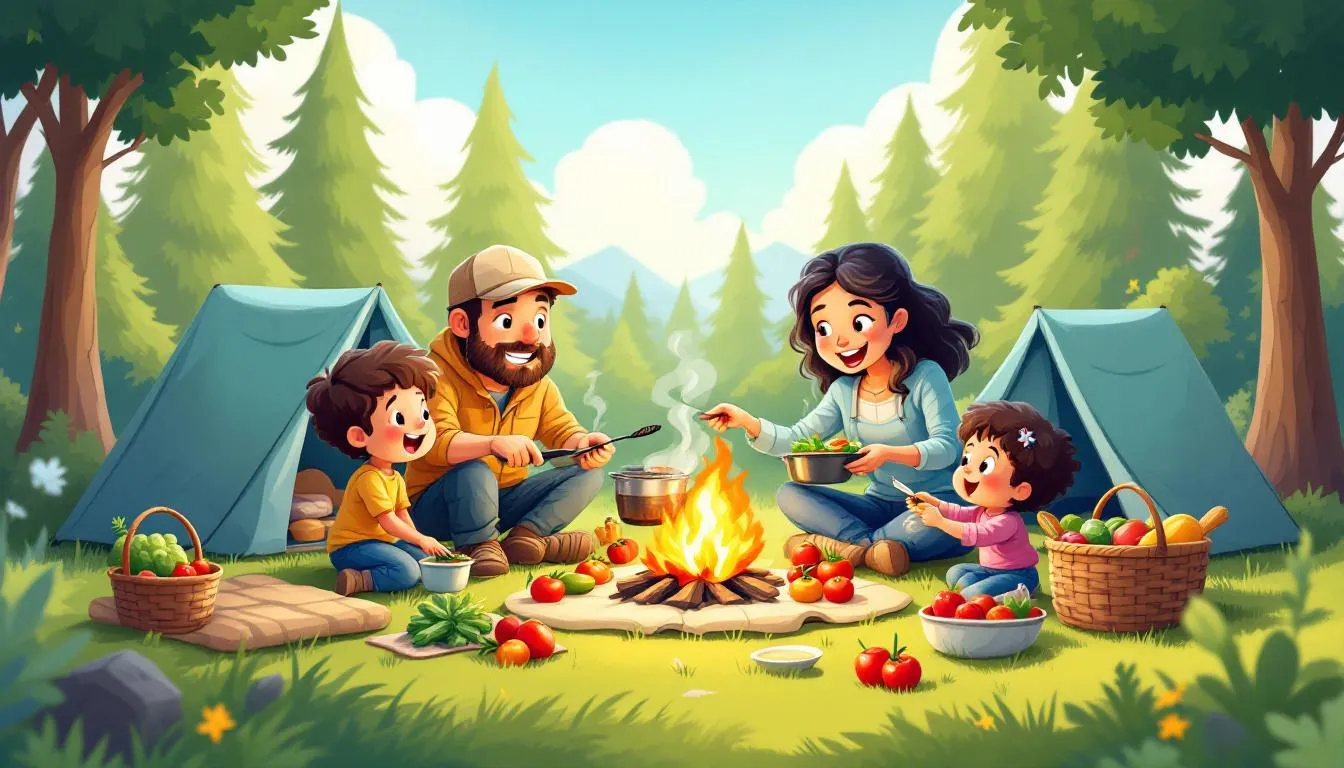 A family cooking together outdoors while camping.