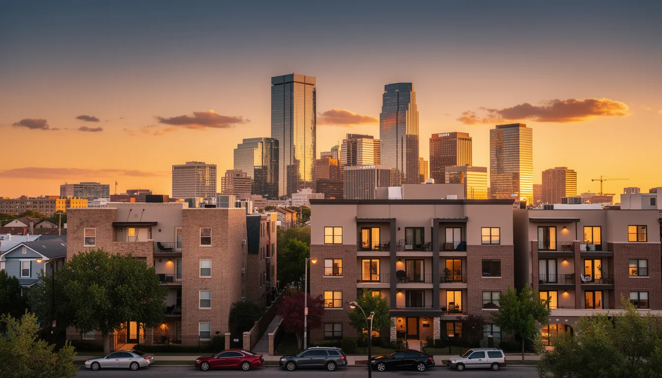 El horizonte moderno de una ciudad importante de Texas se muestra al atardecer, con edificios residenciales en primer plano que reflejan la creciente demanda en el mercado inmobiliario de Estados Unidos. Esta imagen destaca las oportunidades de inversión en bienes raíces, ideales para extranjeros interesados en el patrimonio y el desarrollo urbano.