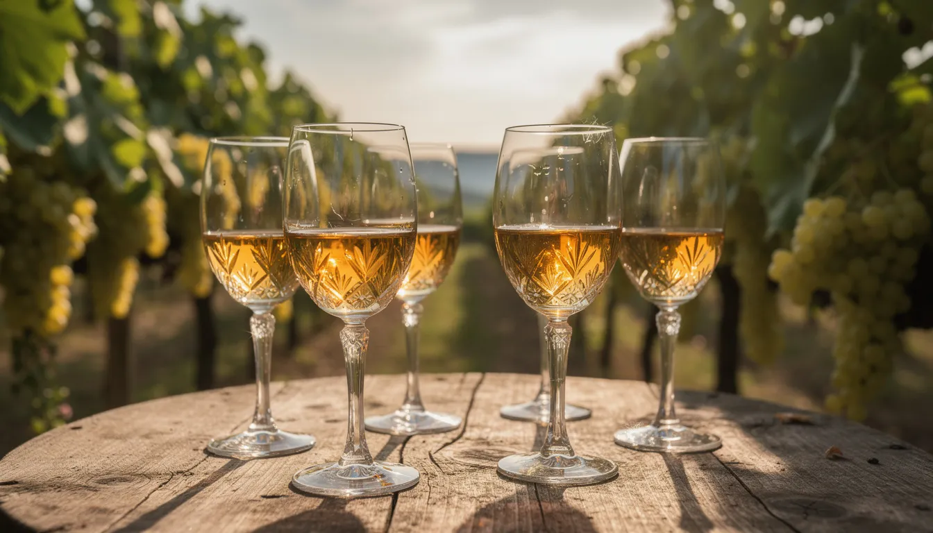 The image features elegant glasses of golden Tokaji wine set against a lush vineyard backdrop, with vibrant grape vines surrounding them. This scene embodies the essence of Hungarian cuisine, highlighting the country's renowned wine culture alongside its traditional dishes.