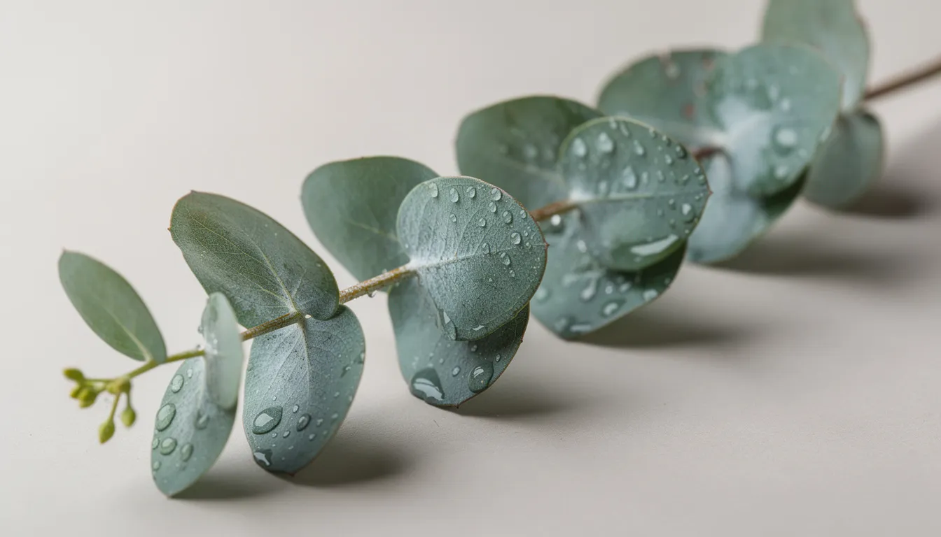 The image features fresh eucalyptus branches adorned with vibrant green leaves, glistening with small drops of water. This natural aroma is often used in aromatherapy and essential oils for sauna sessions, promoting relaxation and respiratory health.