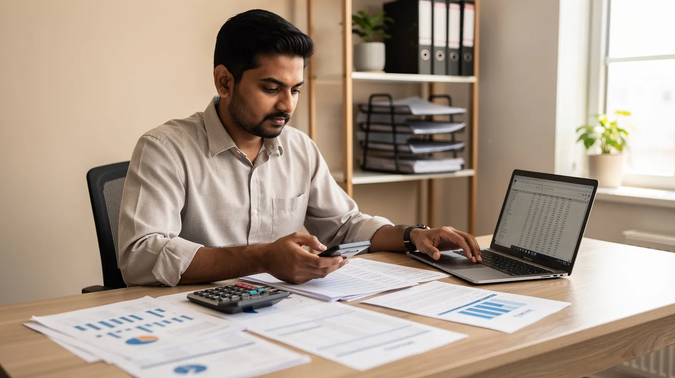 af2b24f2 5148 4059 98e2 d8dba753ec55 An Indian small business owner is seated at a desk, intently reviewing financial documents alongside a calculator and laptop. The scene highlights the importance of financial analysis and planning, essential for preparing a comprehensive mudra loan project report to secure funding for their business.