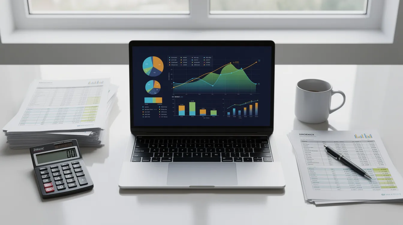 The image depicts an office workspace featuring a calculator, various documents, and a computer screen displaying financial data relevant to the dental billing process. This setup reflects the essential tools used by dental professionals to manage patient billing, insurance claims, and overall revenue cycle management.