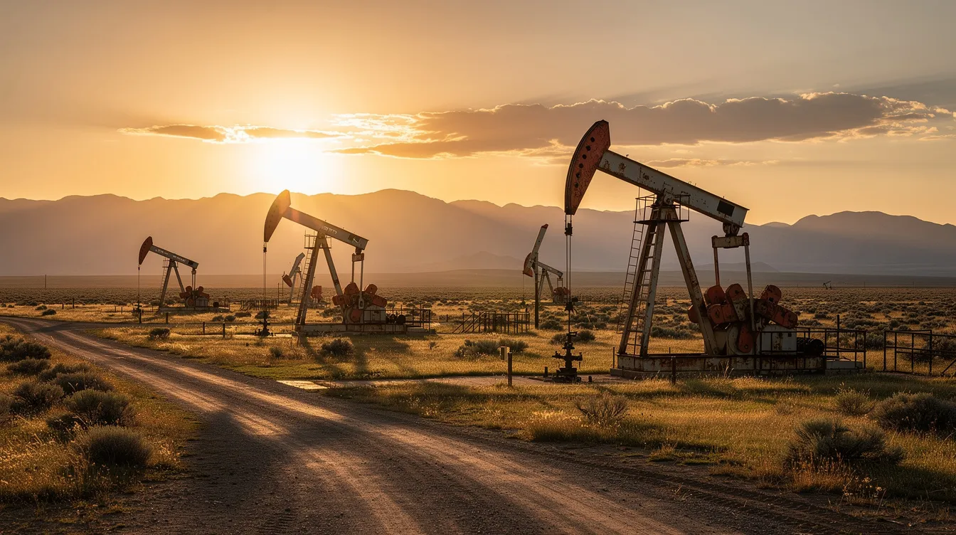 The image depicts oil pumpjacks operating on open plains during the golden hour, with distant mountains silhouetted against a vibrant sky. This scene reflects the energy industry, showcasing the traditional oil and gas sector amidst a backdrop of natural beauty.