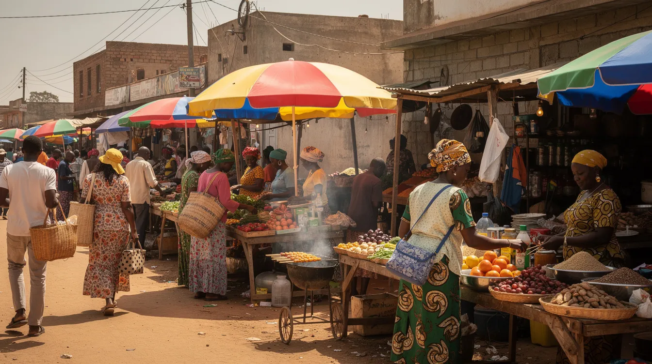 The image depicts a bustling outdoor marketplace in East Africa, filled with vibrant, colorful umbrellas and various vendors actively serving customers. This lively scene showcases the vibrant culture and commerce of the region, where people can easily engage in transactions, including mobile money services like airtel money for paying school fees and transferring funds.