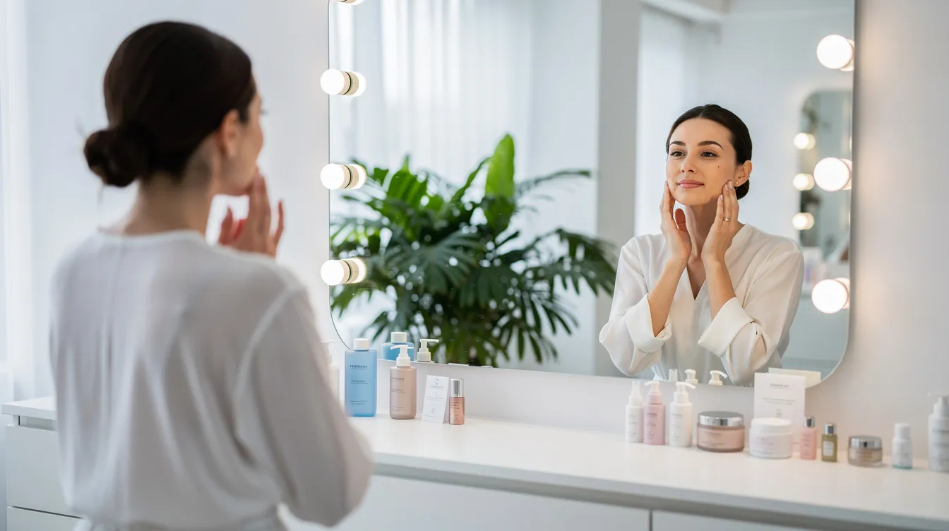 A person with a relaxed expression gazes into a mirror in a bright skincare studio, reflecting a sense of confidence and satisfaction. The setting suggests a focus on facial rejuvenation and skincare treatments, possibly involving dermal fillers or other injectable treatments to enhance natural beauty and improve skin texture.