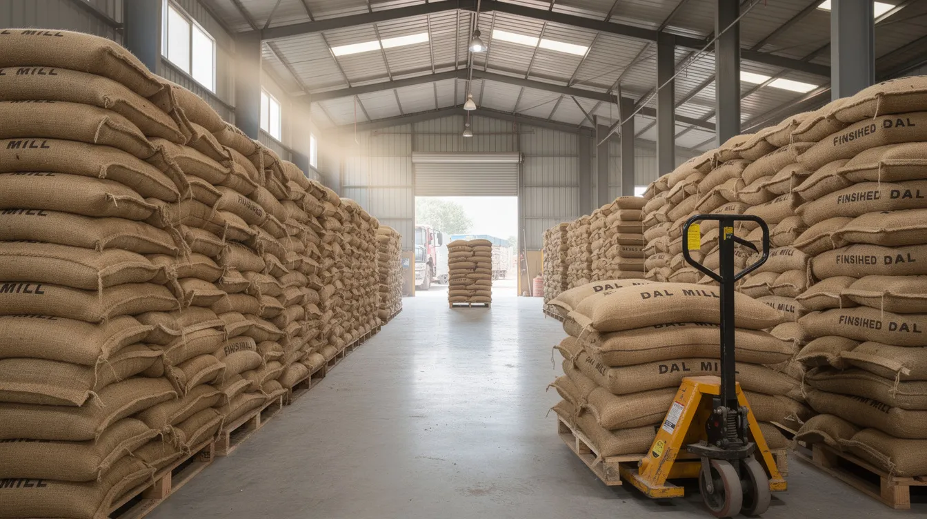 af35bead 133f 4928 9937 c00e6bc1027a The image depicts jute bags filled with finished dal, stacked neatly inside a dal mill warehouse, ready for dispatch. This showcases the culmination of the pulse milling process, where dehusked and split pulses are prepared for distribution.