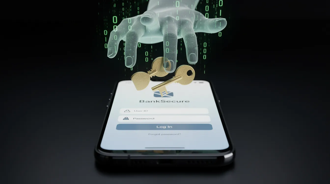 A 3D render depicts a smartphone screen at night, showcasing a convincing corporate bank account login page. Above the phone, a ghostly hand with glowing green binary trails reaches for floating golden login credentials, symbolizing the risk of identity theft and malicious data breaches in the realm of data security.