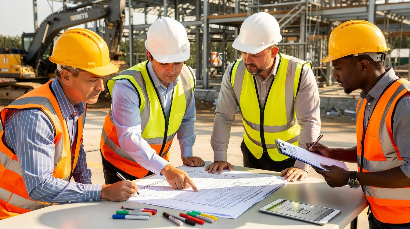 A group of construction professionals in hard hats is gathered around a conference table on a project site, actively reviewing contract documents. They are discussing risk mitigation strategies and the risk management process to ensure compliance and manage potential risks associated with their construction project.