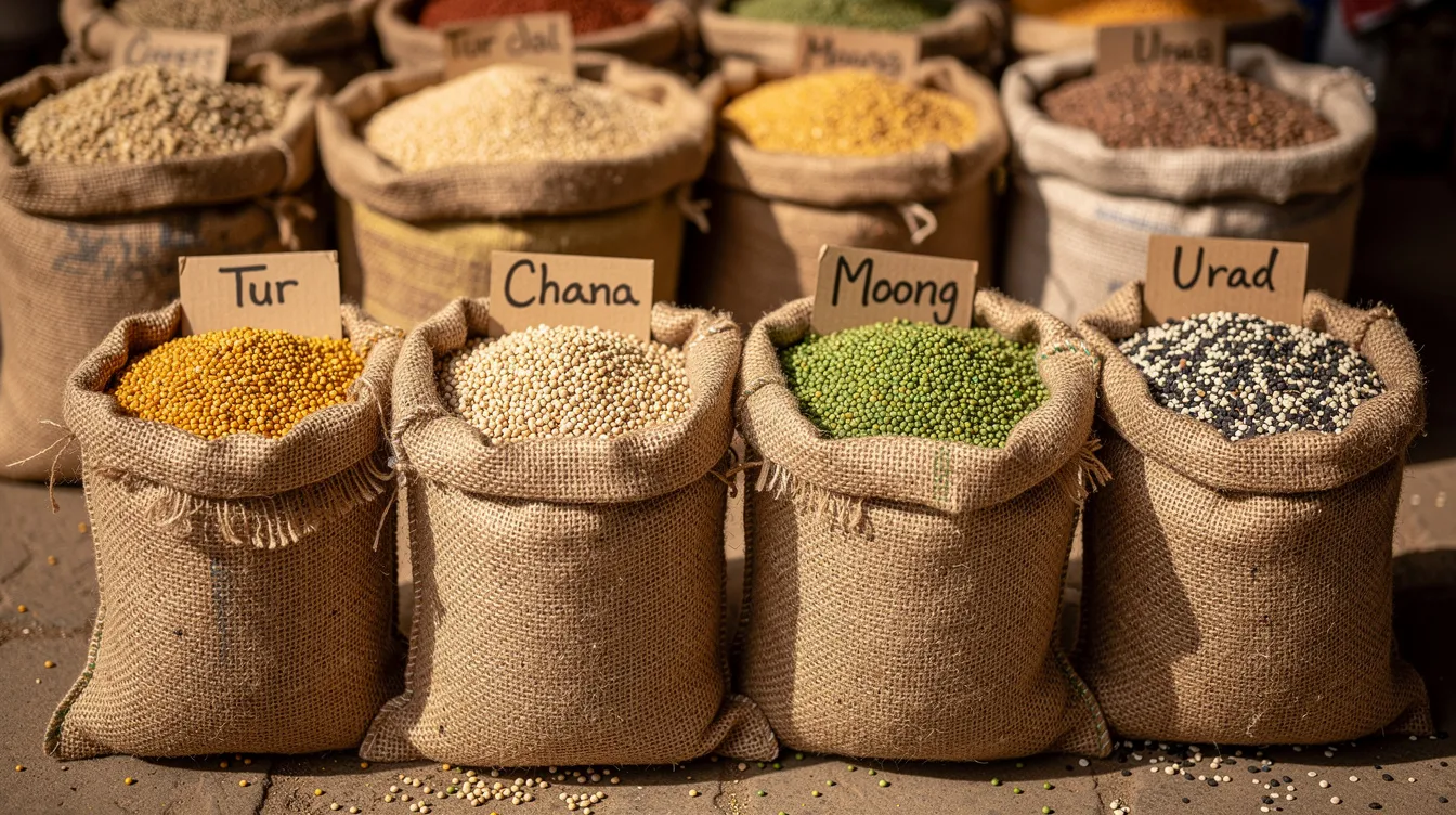 af38981a 2bb6 46b7 a184 ed9b852194b8 The image showcases various types of raw pulses, including Tur, Chana, Moong, and Urad, neatly displayed in burlap sacks at a bustling grain market. This visual highlights the raw material essential for the dal mill business, reflecting the rising demand for processed pulses in the market.
