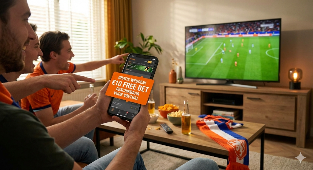 Gratis wedden op voetbal met een €10 free bet – voorbeeld van gratis weddenschap claimen via het sportsbook tijdens een specifieke wedstrijd, met voorwaarden zoals minimale storting en minimale quotering per bookmaker.