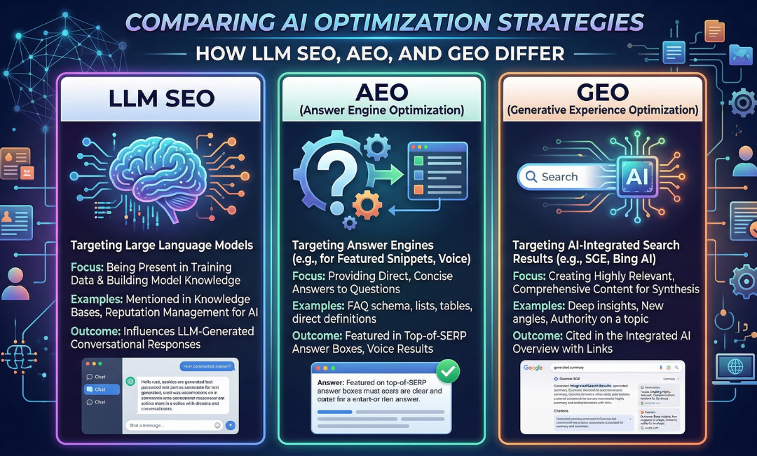 How LLM SEO, AEO, and GEO Differ