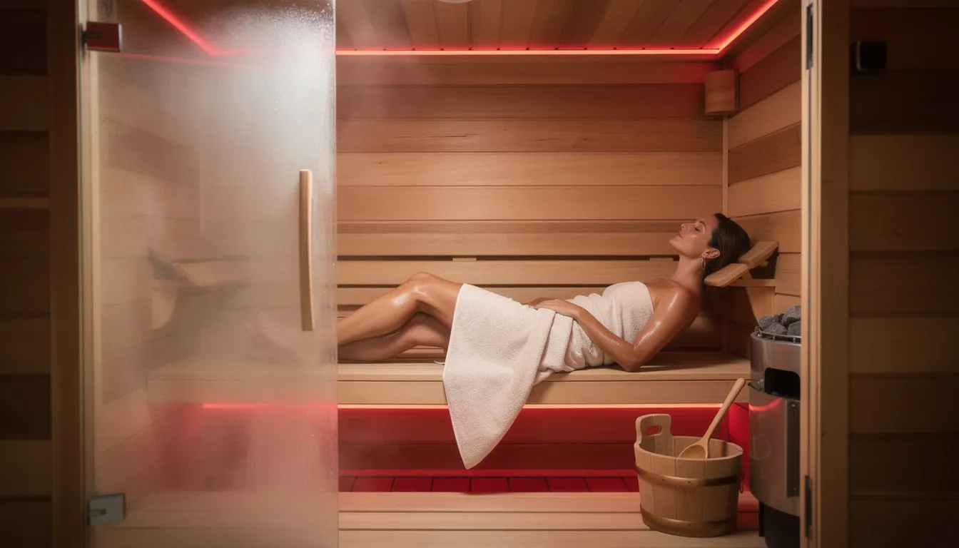 A person is seen relaxing inside a wooden sauna cabin, illuminated by soft, warm red ambient lighting, which enhances the calming atmosphere of the infrared sauna therapy session. The gentle heat promotes muscle relaxation and improved blood circulation, contributing to overall well-being and various health benefits.