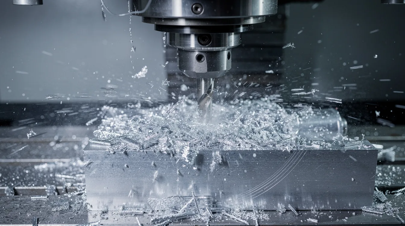 The image depicts a CNC milling machine actively cutting into an aluminum block, with a fine mist of coolant spray surrounding the cutting area. This process is a crucial part of custom metal fabrication, ensuring precision in the creation of sheet metal parts and components.
