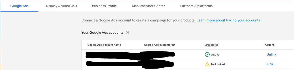 Google Merchant Center Google Ads account list