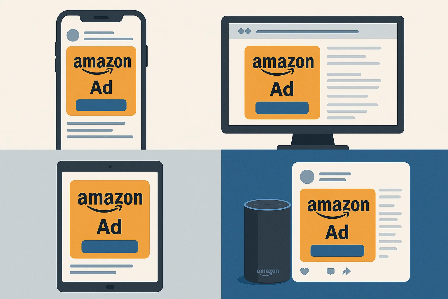 Amazon's consistent brand messaging displayed across multiple digital marketing platforms.