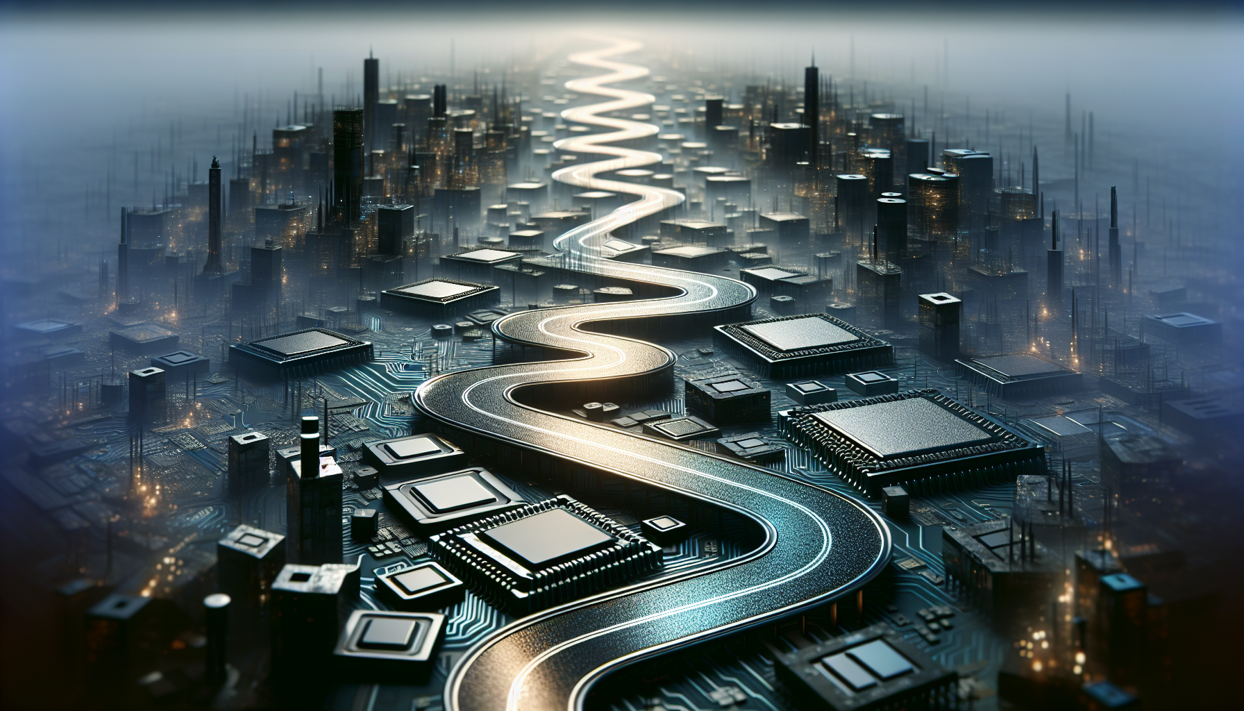 Illustration of road with semiconductor chips symbolizing the chip shortage