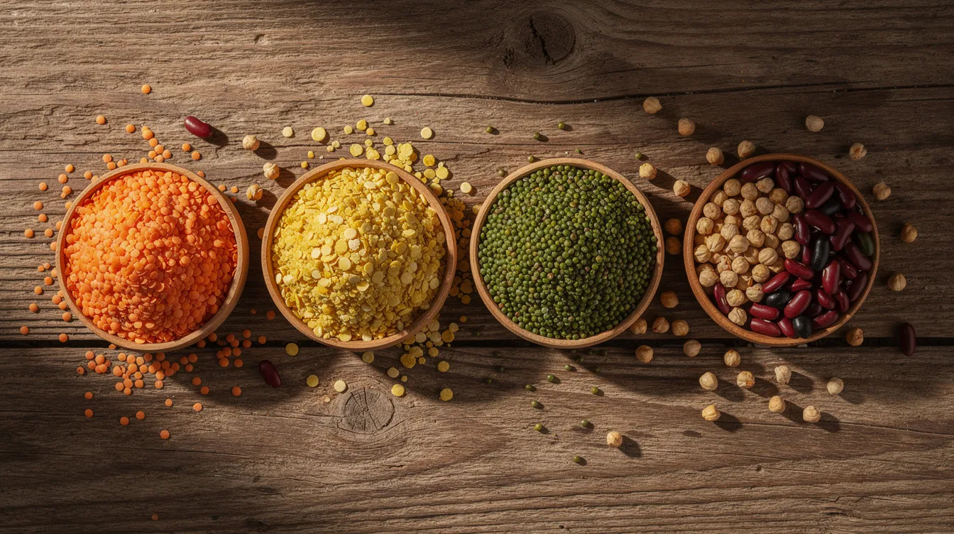 The image shows an assortment of raw pulses and split dal grains, including green gram, black gram, and pigeon pea, neatly arranged in bowls atop a rustic wooden surface. This visual highlights the importance of these raw materials in food processing industries, which can benefit from various government schemes and financial assistance for projects like dal mills.