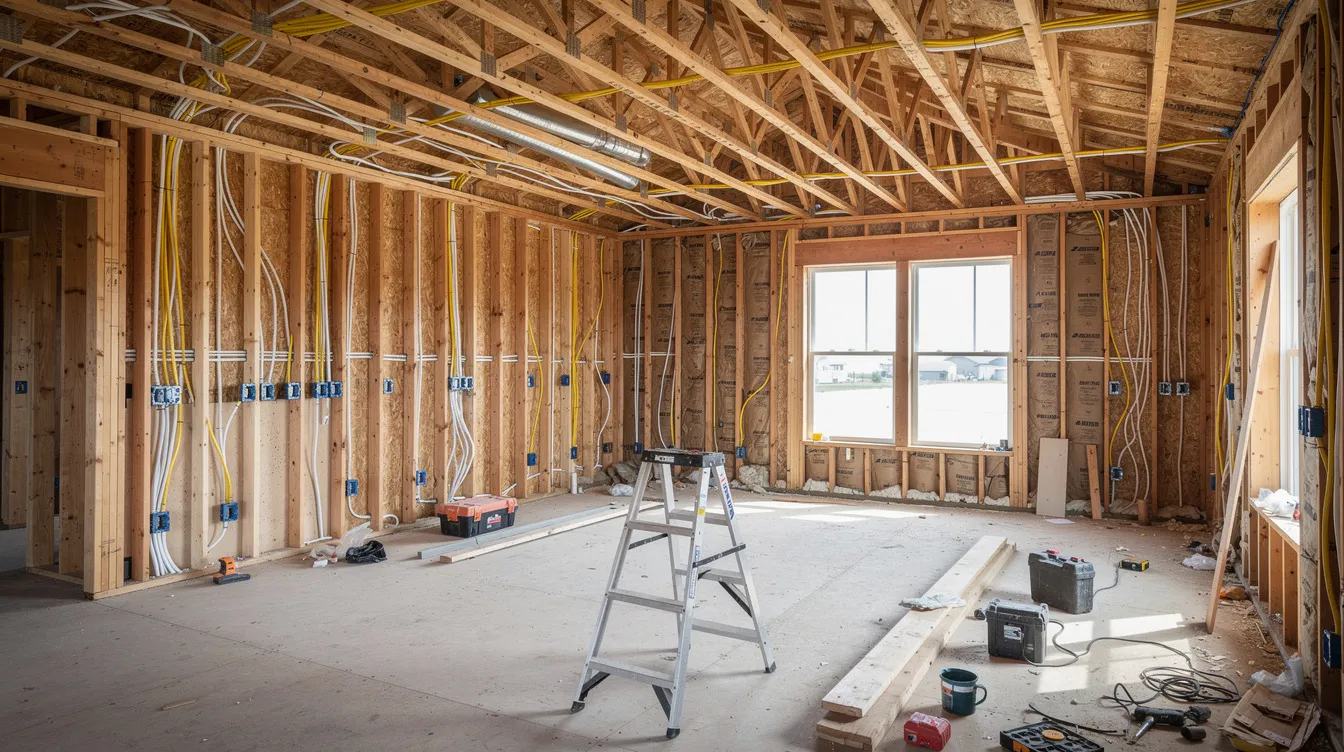 The image depicts the interior of a house undergoing renovation, showcasing exposed framing and newly installed electrical wiring. This scene highlights the ongoing construction projects that real estate investors often engage in, utilizing fix and flip loans to manage renovation costs and enhance the property's potential for resale.