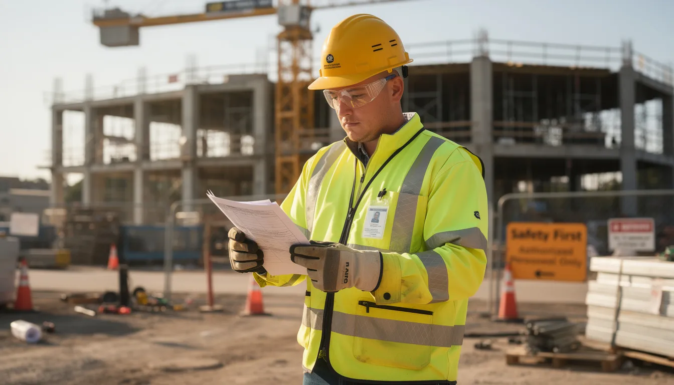 The image shows a worker in a hard hat and safety vest, reviewing paperwork at a construction site, which may relate to their workers compensation claim following a work-related injury. The worker appears focused, ensuring they have accurate information regarding their medical treatment and benefits under Colorado workers compensation laws.