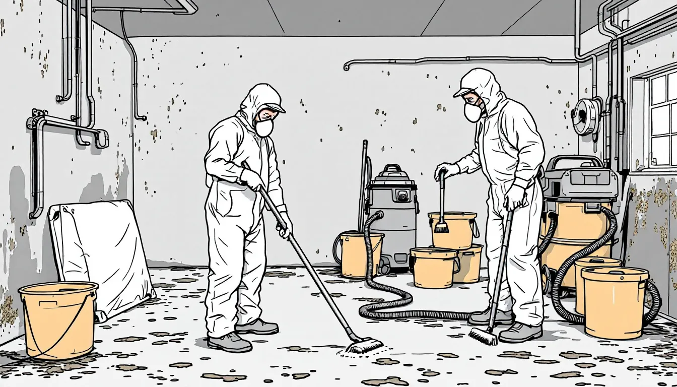 A professional mold removal team at work, with equipment visible but blurred.