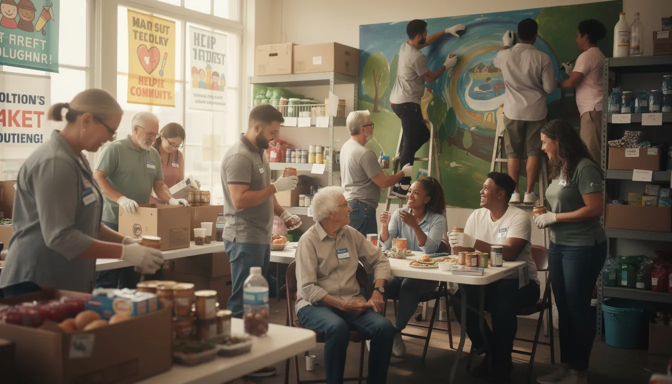 A diverse group of people volunteering together and collaborating in support of a nonprofit cause.