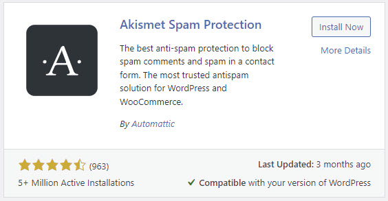 Akismet anti-spam protection to show the important elements of a plugin to review.