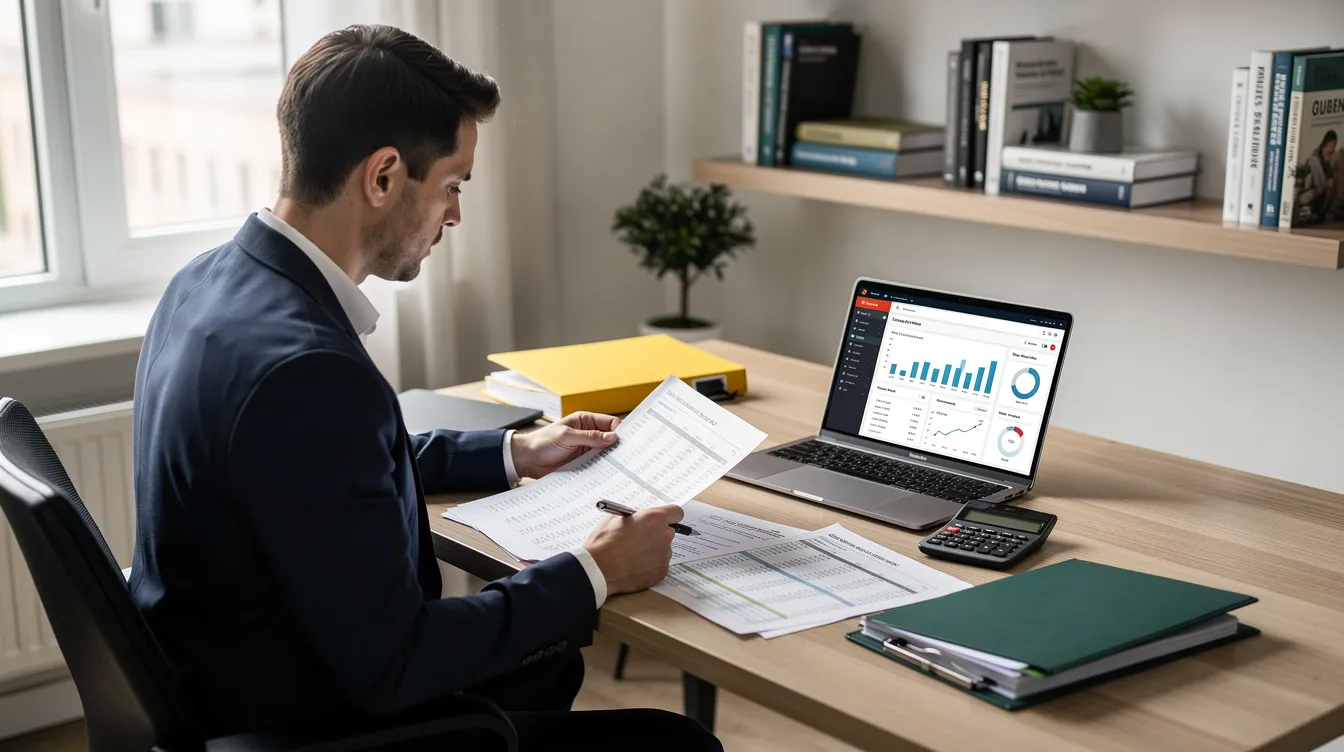 A business owner is seated at a desk, meticulously reviewing financial documents, which may include details on employee retention tax credits and wages paid. The scene captures the importance of understanding ERC eligibility and the financial implications for their business during the recovery from the COVID-19 pandemic.