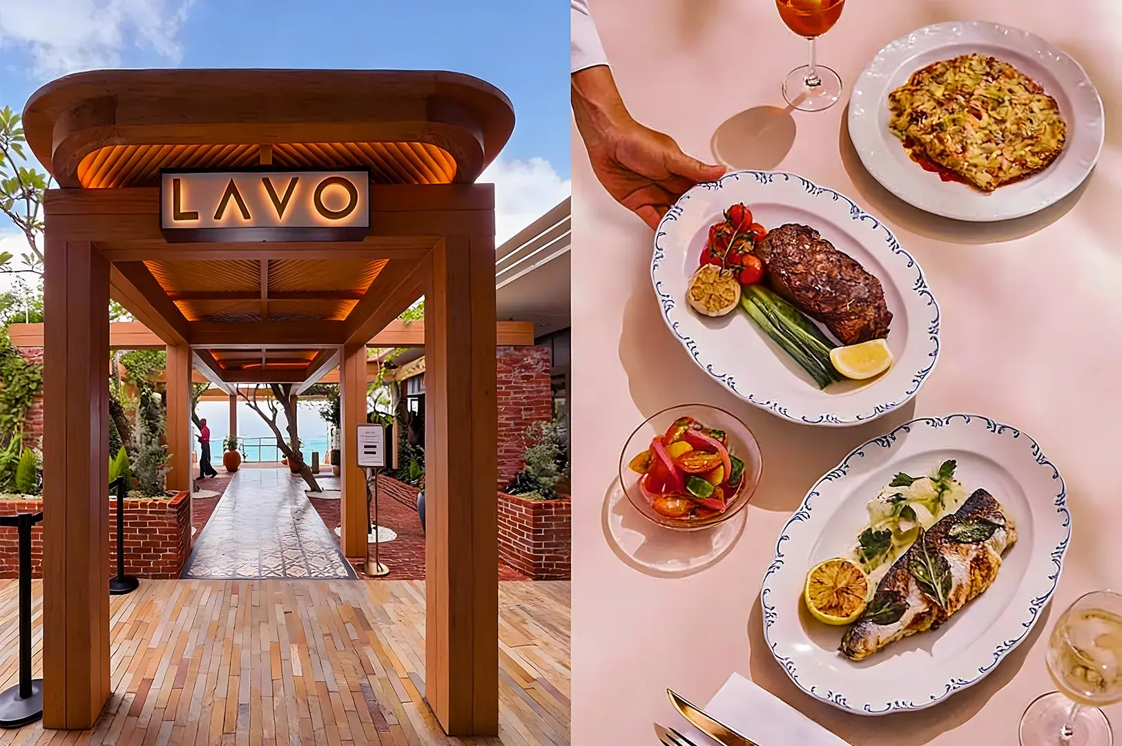 LAVO entrance with wooden arch and ocean view. On the right, a table with plates of steak, fish, and risotto, alongside a colorful salad.