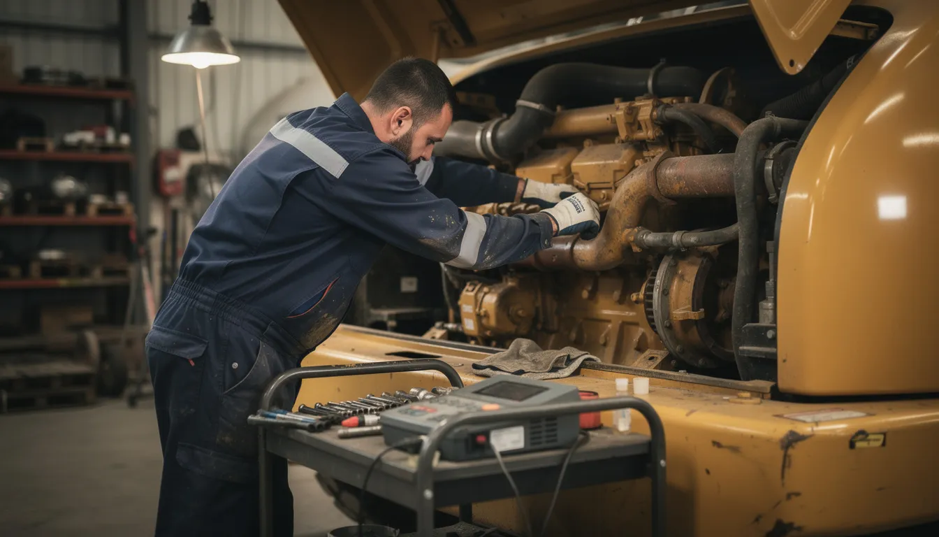A mechanic is working on a bobcat 743 engine, performing maintenance to ensure it runs smoothly and verifying that there are no issues that could cause hard starts. The scene includes tools and oil, highlighting the importance of proper care for heavy equipment like the Kubota engine.