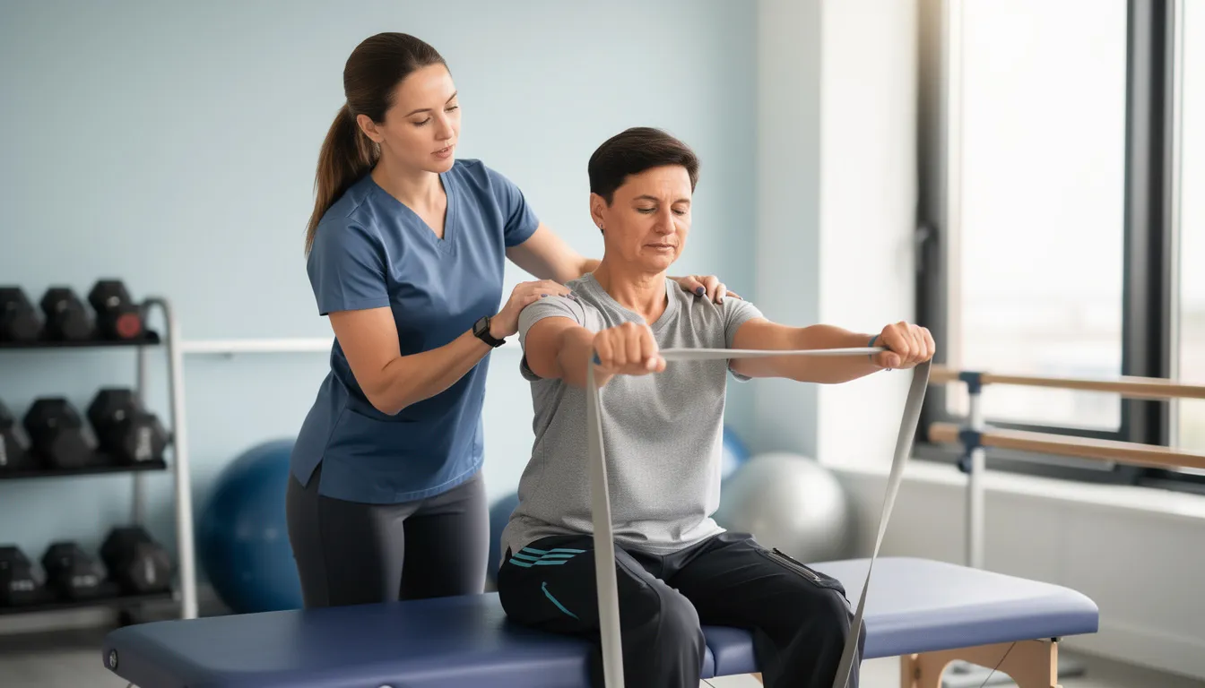 A physical therapist is guiding a patient through a strengthening exercise, focusing on restoring movement and improving mobility. The therapist provides support and encouragement as the patient works to overcome functional limitations and enhance their physical body strength.