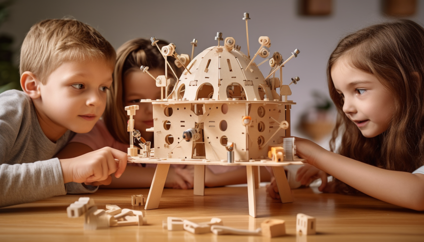 An image showing a group of children working on STEM science projects for designing functional solutions.