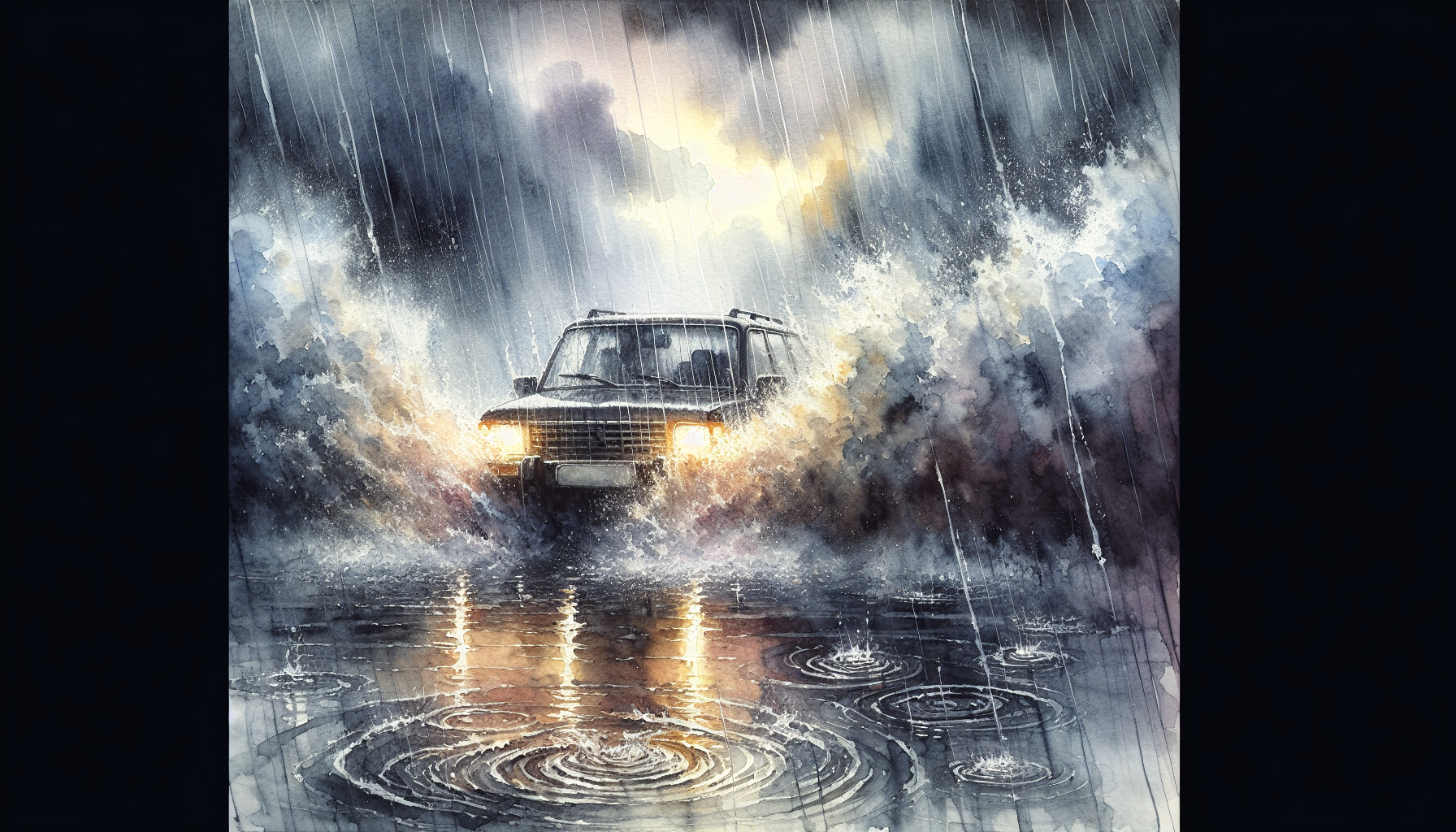 An illustration of poor weather conditions affecting driving safety.