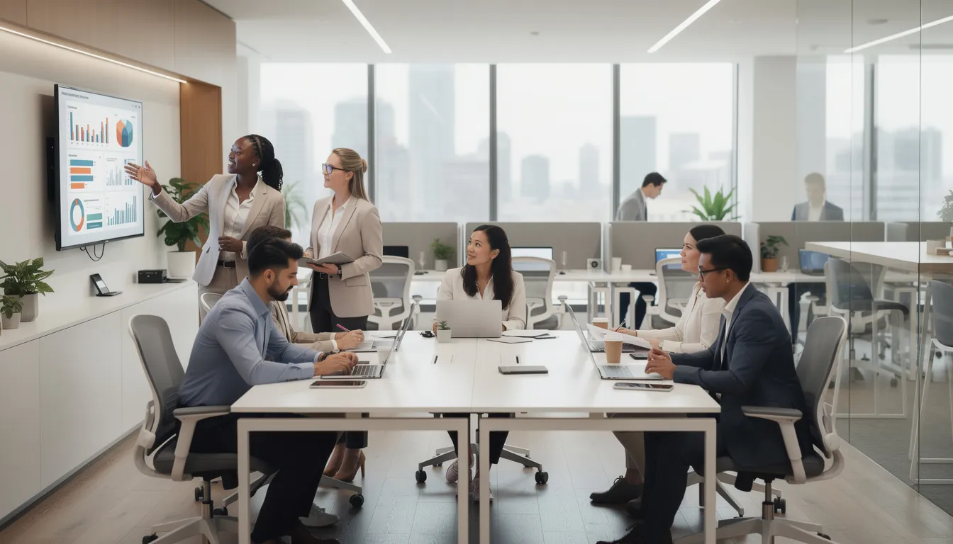 The image depicts a diverse group of professionals collaborating in a modern open-plan office, highlighting a work environment that fosters teamwork and productivity. This setting may also reflect the challenges of workplace depression, as employees navigate mental health conditions and manage stress amidst their daily tasks.