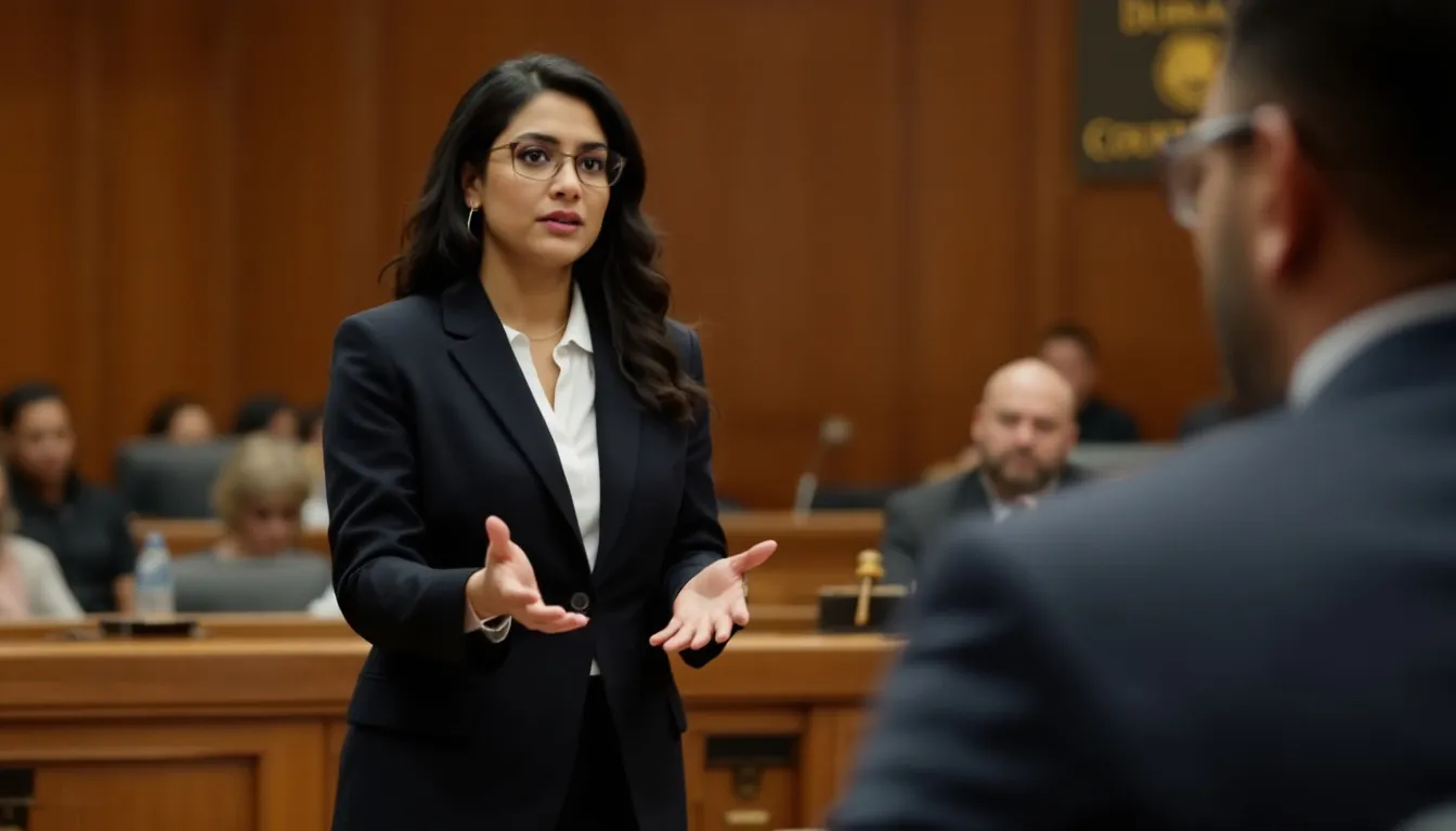 In a Durham, NC courtroom, attorney Navi Sandhu is representing a client facing domestic violence charges, focusing on the complexities of the legal process and the implications of domestic violence allegations. The scene captures the tense atmosphere as the legal team prepares to defend against serious accusations that could lead to significant consequences for the accused.
