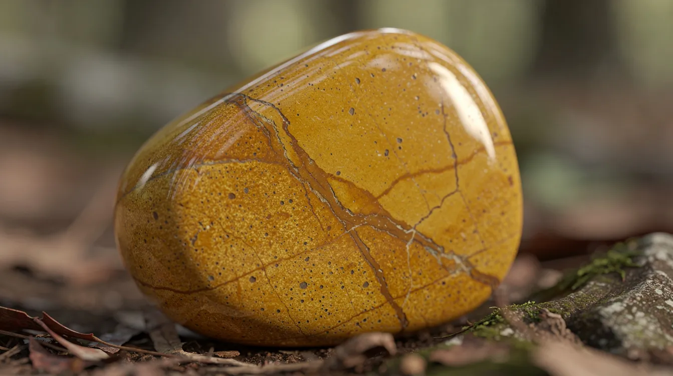 A close-up view of a yellow jasper stone showcases its earthy golden tones, symbolizing the solar plexus chakra, which governs personal power and self-esteem. The stone rests against a natural background, reflecting a sense of warmth and balance, ideal for chakra healing practices.