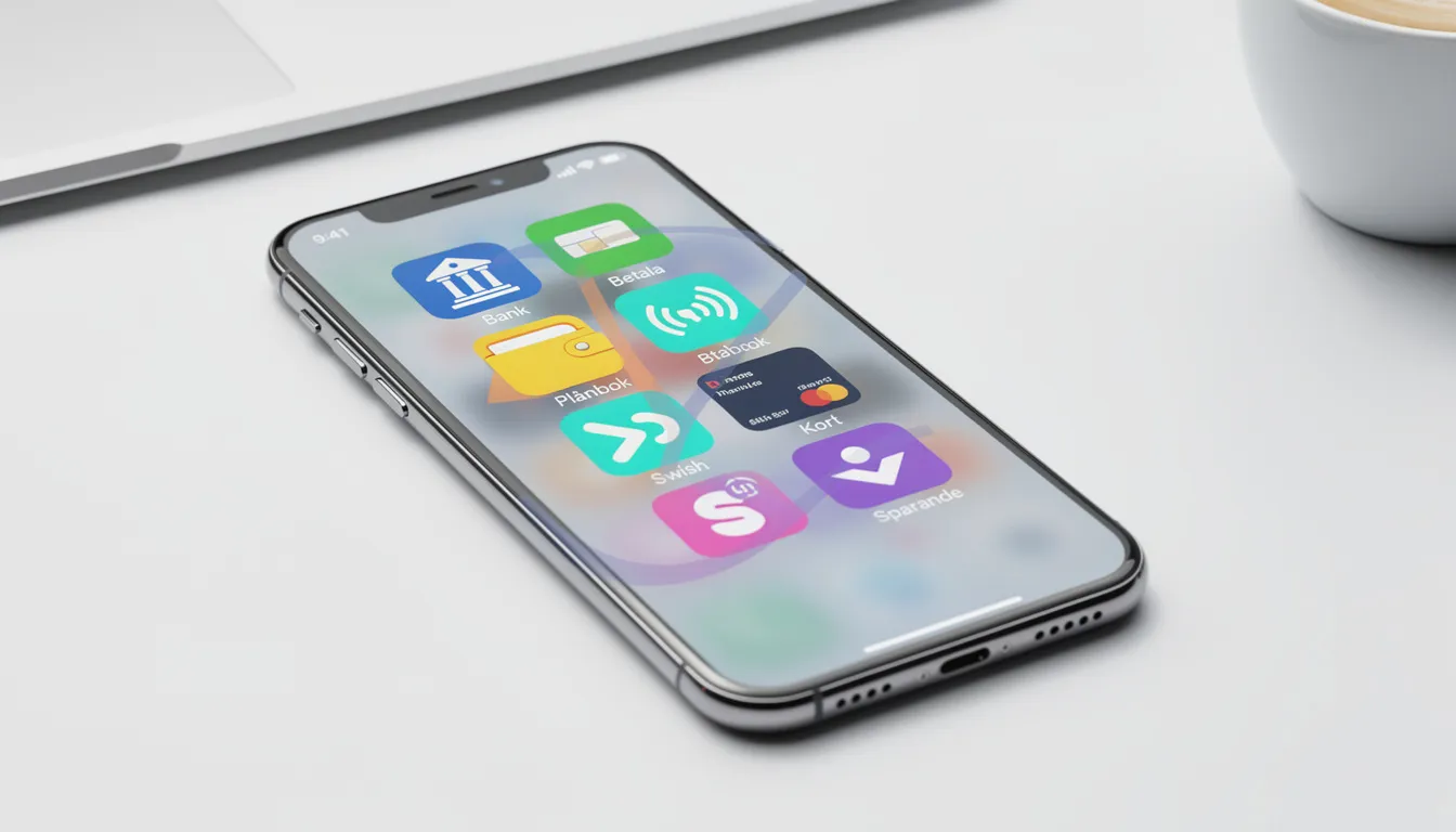 En smartphone visar en skärm med olika betalningsappar och bankikoner, vilket illustrerar flera olika betalningsmetoder som kan användas för online casino och andra transaktioner. Användare kan enkelt välja mellan alternativ som Swish, Apple Pay och kreditkort för att göra säkra betalningar.