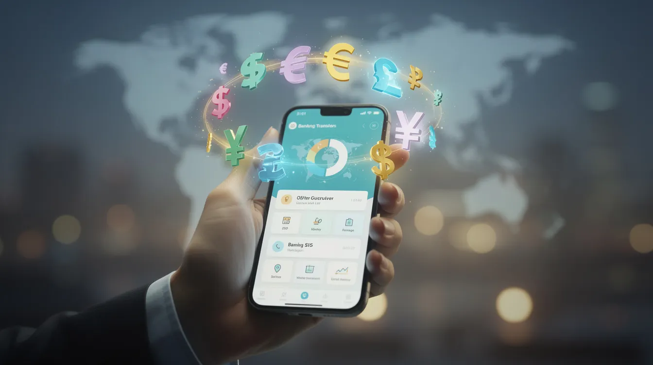 The image depicts a person holding a smartphone surrounded by floating currency symbols, symbolizing the concept of international money transfers. This visual suggests various payment methods, highlighting the ease of sending money abroad through platforms like PayPal and Wise, and the importance of understanding transfer fees and exchange rates.