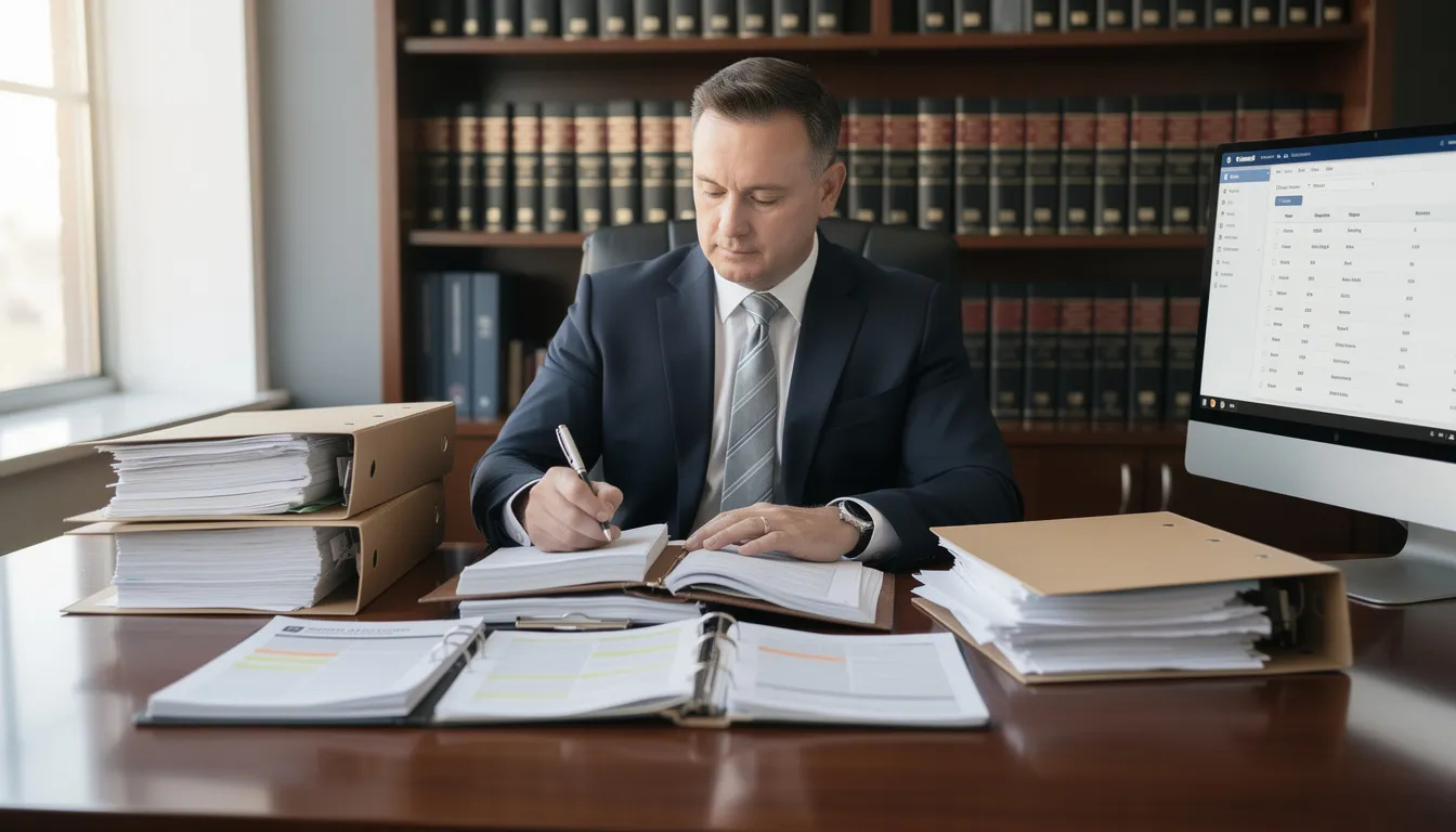 In a law office, professional attorney Steve Johnston is intently reviewing workers compensation case files, focusing on the details of workers compensation claims for injured workers. The scene highlights the importance of legal expertise in navigating workplace injury cases and securing benefits for clients.