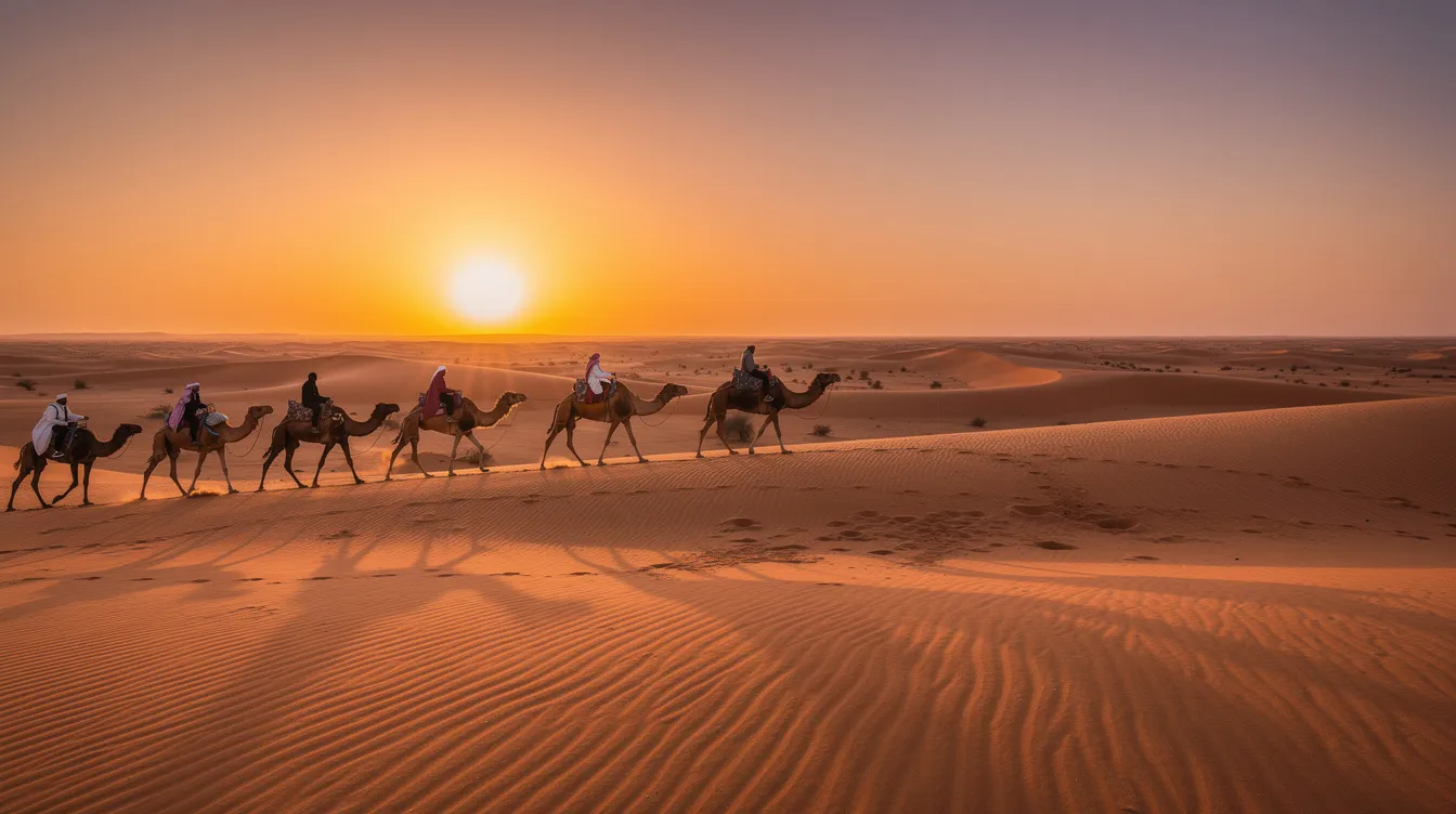 A camel caravan traverses the vast Sahara Desert, silhouetted against a stunning orange sky at sunset, creating a picturesque scene of adventure in North Africa. This image captures the essence of a Moroccan adventure, showcasing the natural beauty and rich culture of the region.