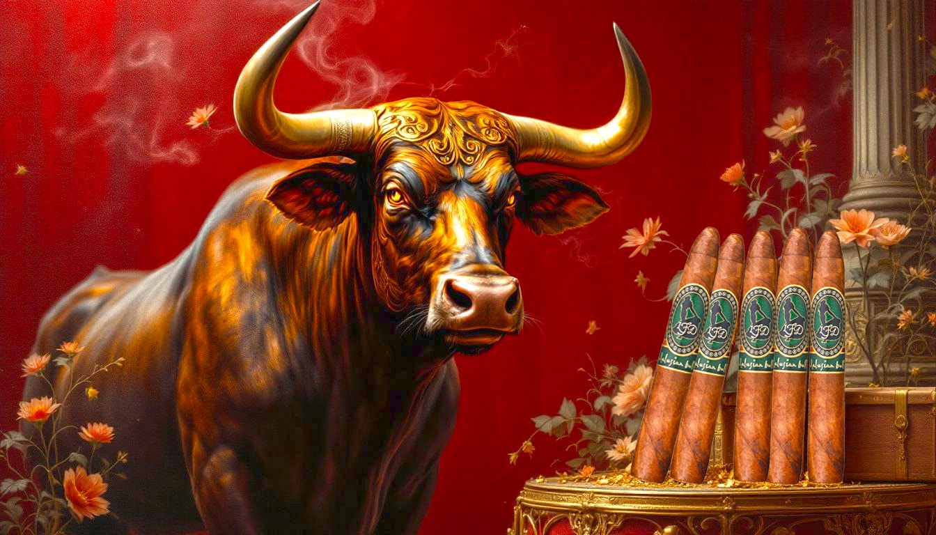 A collection of La Flor Dominicana cigars with an Andalusian bull background.