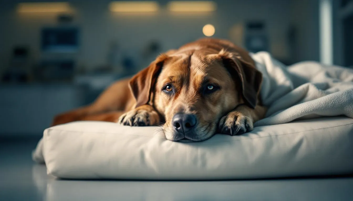 A dog is resting comfortably in a quiet recovery area at a veterinary clinic, appearing calm and relaxed after experiencing symptoms like vomiting and diarrhea. The serene environment is designed to support the pet